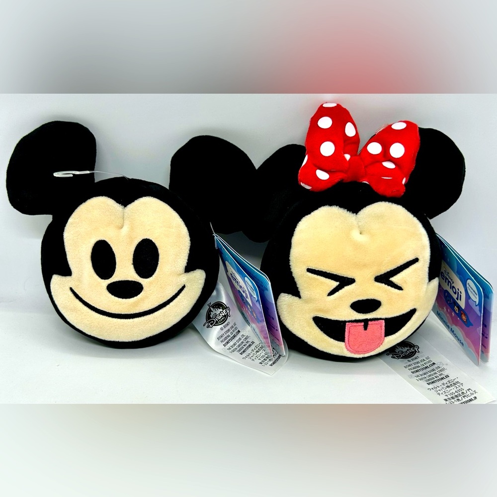 Disney Lot of 2 Mickey Mouse & Minnie Mouse Emoji Reversible Plush, NWT.